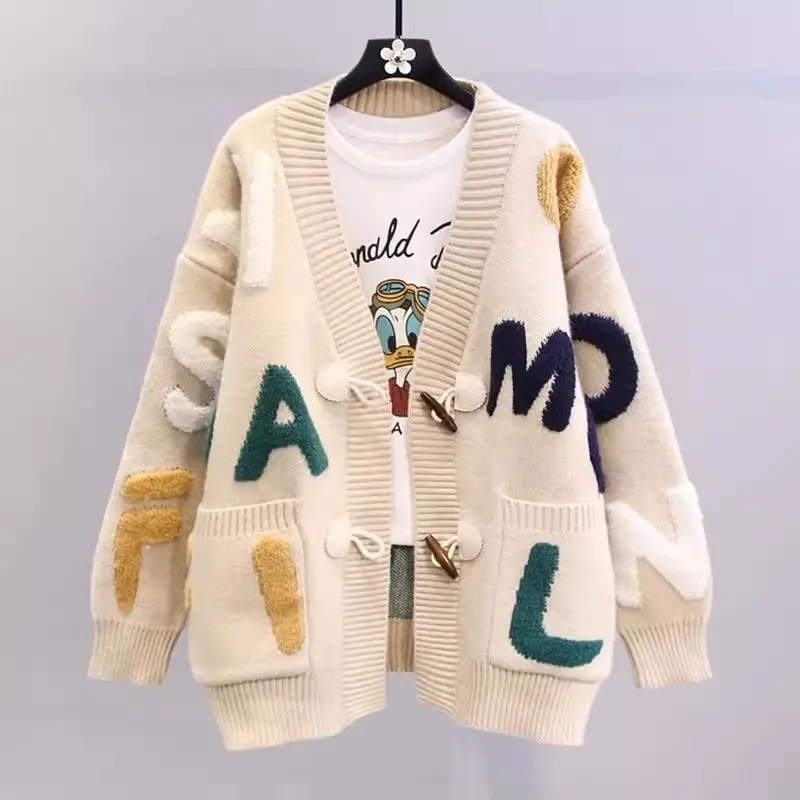 Women Clothing Autumn Winter Thick Knitted Cardigan Chic Button Letter Loose Sweaters Lazy Style Chic Cartoon Knitwear Coats