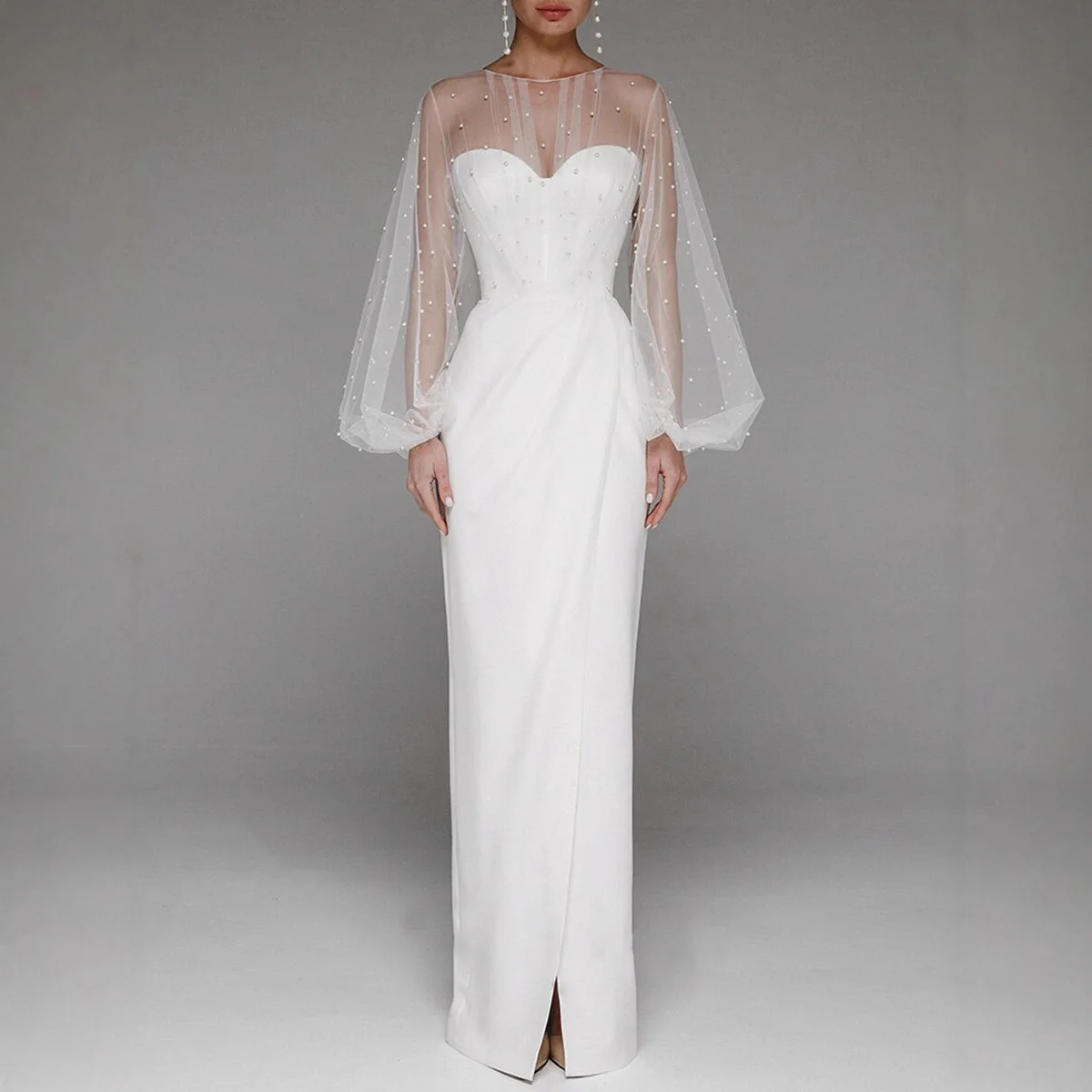 

Elegant Tulle Pearl Patchwork Dress Chic Backless See Through Waist Cinching Long Dresses 2026 New Lady Evening Dinner Vestido