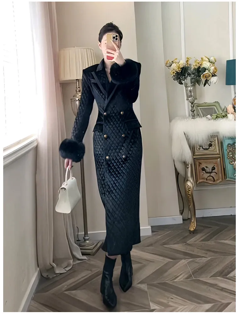 2023 Autumn Winter New Fashion Elegant Wool Sleeves Diamond Pattern Over knee long Coat for women Thickened Warm Overcoat Y4334