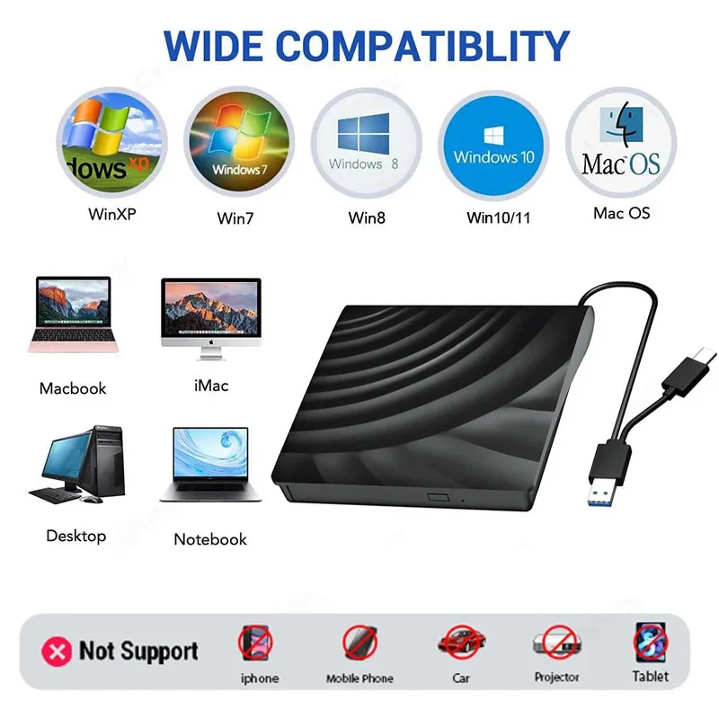 Unidade Blu Ray externa 2 em 1 USB 3.0 Tipo-C Slim Optical CD/DVD Player BD-Combo Compatível com Mac OS Windows XP/7/8/10/11