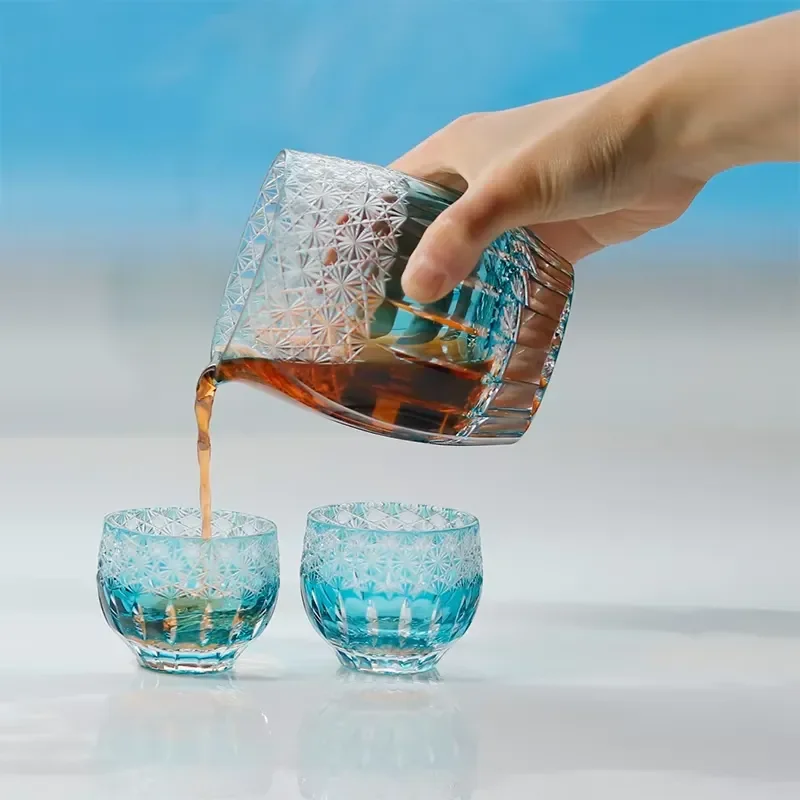 Japan Edo cut Japanese classic sky blue wine bottle set glass decanter with shot glass set