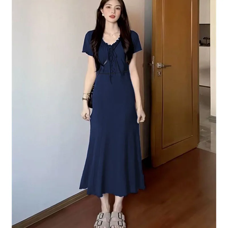 

Fashion V-Neck Shirring Ruffles Lace Up Bow Casual Dress Female Clothing Summer New Loose All-match Short Sleeve Dress