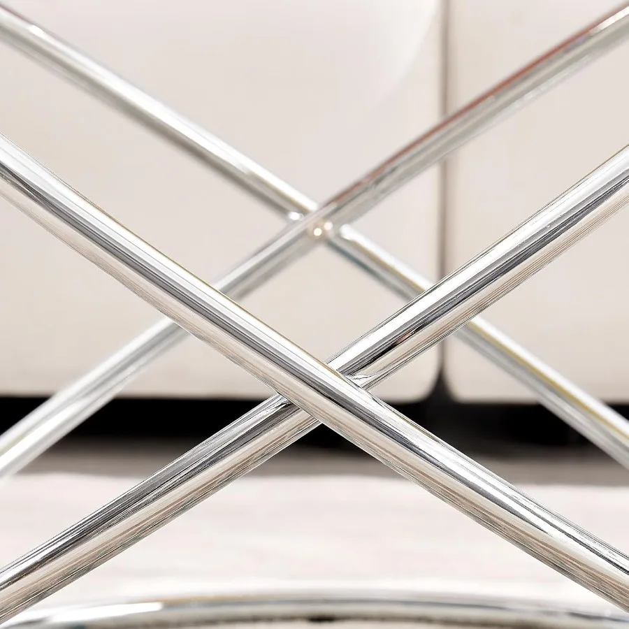 طاولة قهوة زجاجية مستديرة 31.5 مع إطار بيضاوي معدني لامع مطلي بالكروم طاولة قهوة فضية حديثة لغرفة المعيشة #4