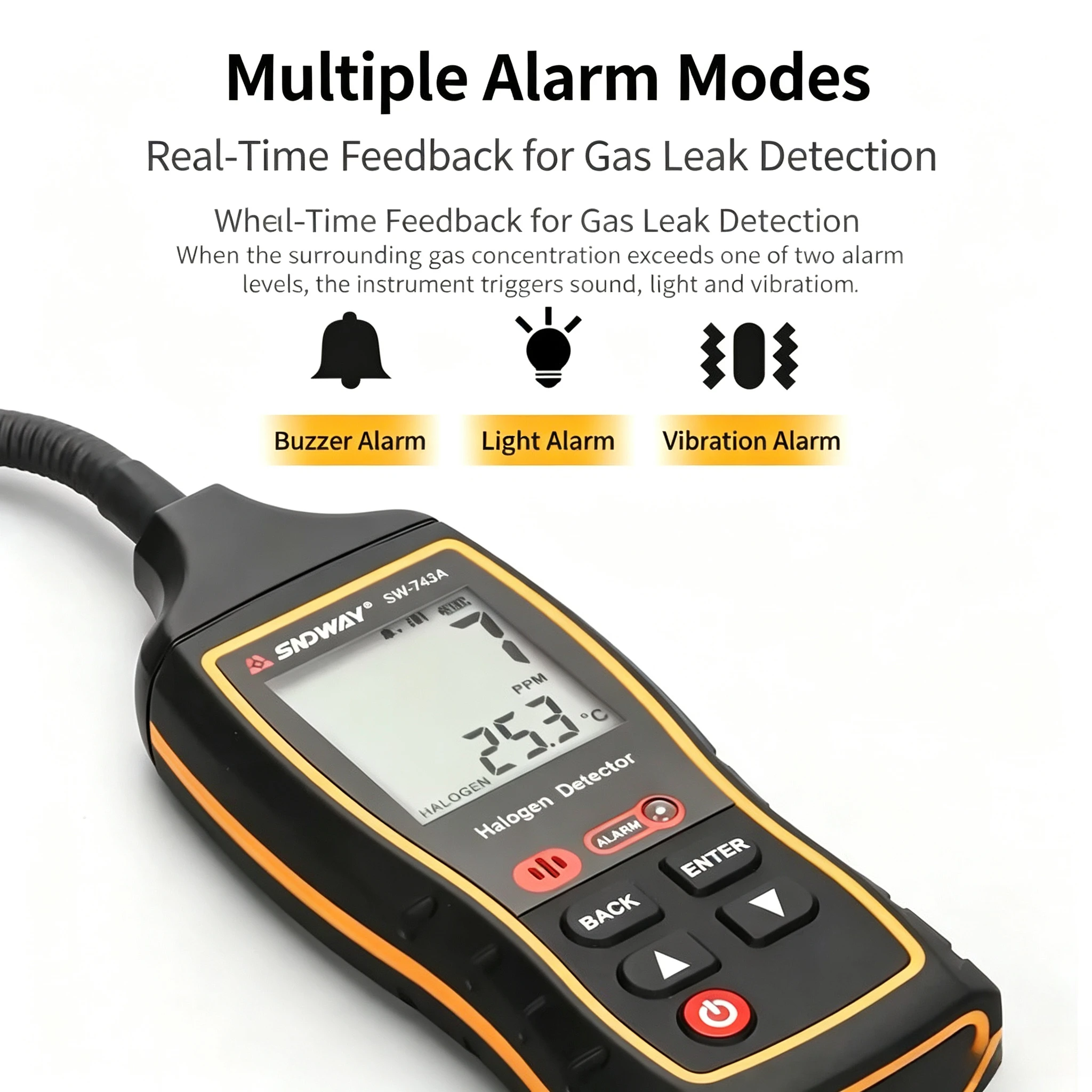 SW-743A Halogen Gas Detector | 0-1000PPM Refrigerant Leak Tester | LCD Display & Sound-Light-Vibration Alarm