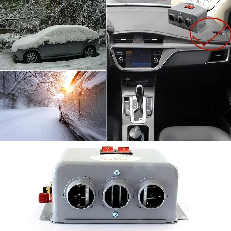 800W Winter Car Heater Cooling Heating Fan 12V/24V Three-hole Car Defrosting Fog and Snow Electric Heater for RVs Trucks Boat