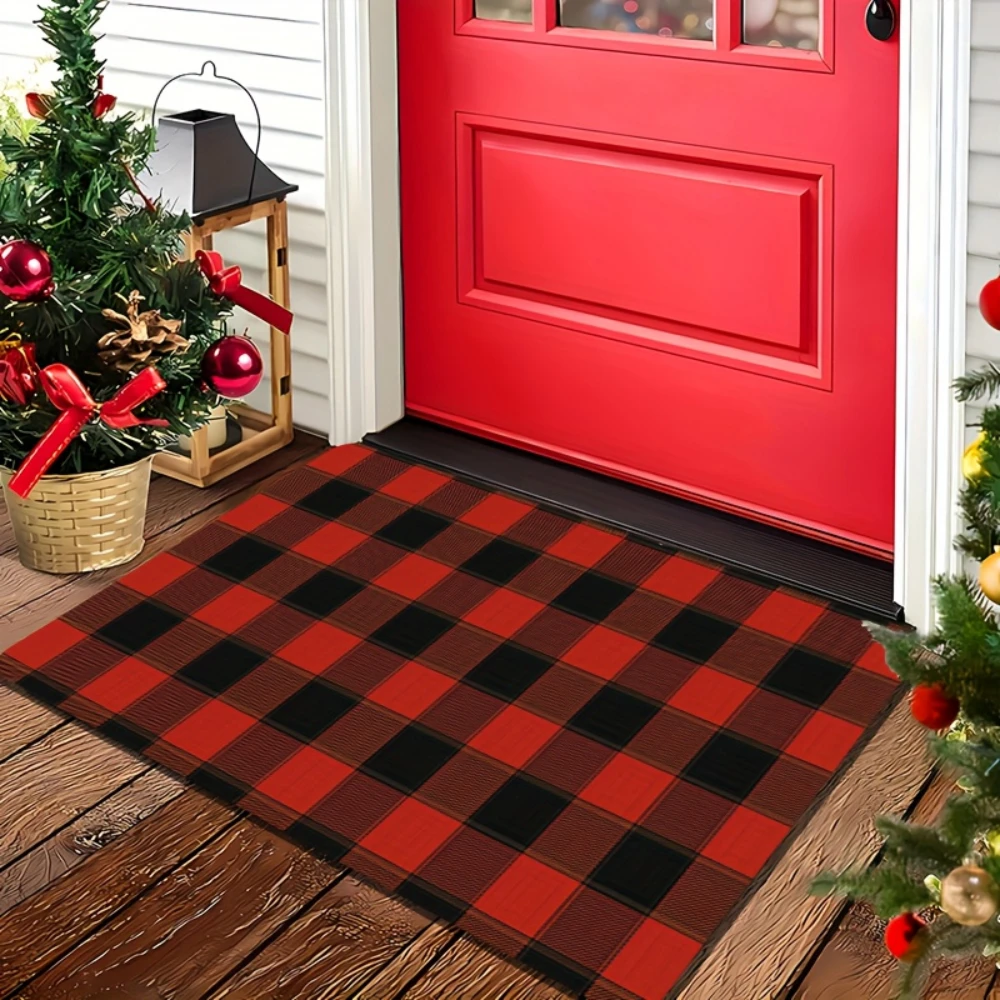 Red Scottish Tartan graphics welcome rug entryway hallway family room NonSlip Entry welcome mat home decor Christmas Present