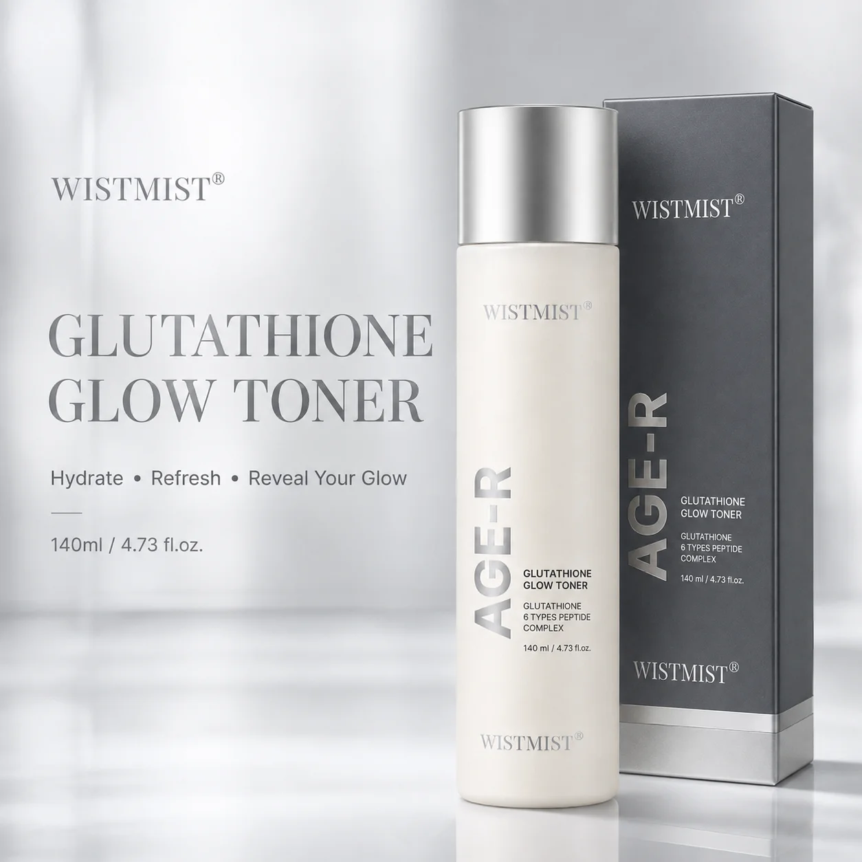 WISTMIST AGE-R Glutathione Glow Toner, 140ml Brightening Facial Toner with 6 Peptide Complex, Hydrating Skin Toner for Dull Uneven Skin, Moisturizing Face Toner for Radiant Dewy Skin, Daily Korean-Inspired Skin Care for Women