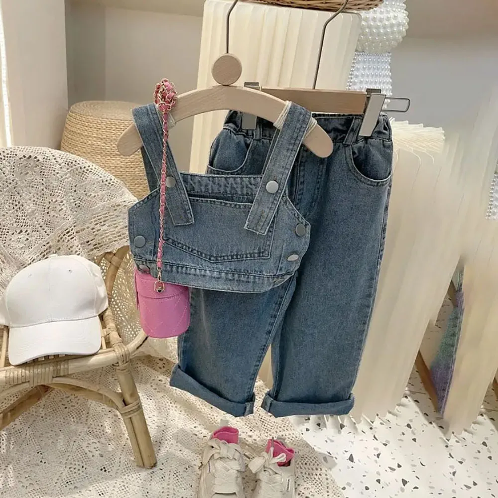 Girls Fashion Denim Set 2024 Spring Autumn New Korean Children\'s Tank Tops + High Waist Loose Wide Leg Jeans 2Pieces Suit