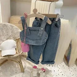 Girls Fashion Denim Set 2024 Spring Autumn New Korean Children's Tank Tops + High Waist Loose Wide Leg Jeans 2Pieces Suit