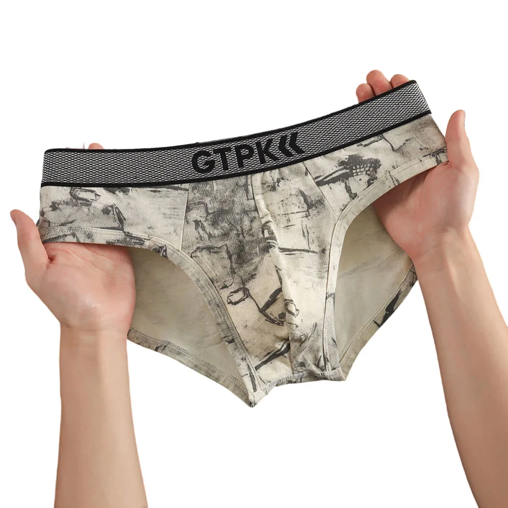 Men Briefs Underwear Cotton Ink Stain Printed Briefs Underwear Soft U Convex Pouch Sports Panties Underpant