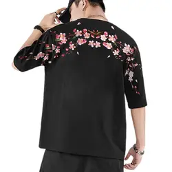 Japan Style Sakura Embroidery Men Floral Short Sleeve T-Shirt 2025 New 100% Cotton Casual Summer Tops Black / White