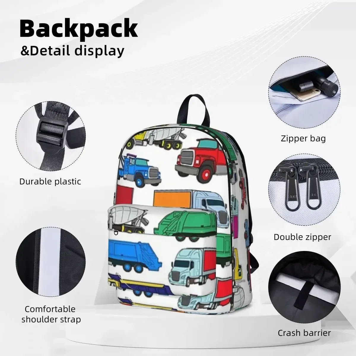 Cartoon-style Truck Illustrations Backpacks Boys Bookbag Fashion Children School Bags Portability Laptop Rucksack Shoulder Bag