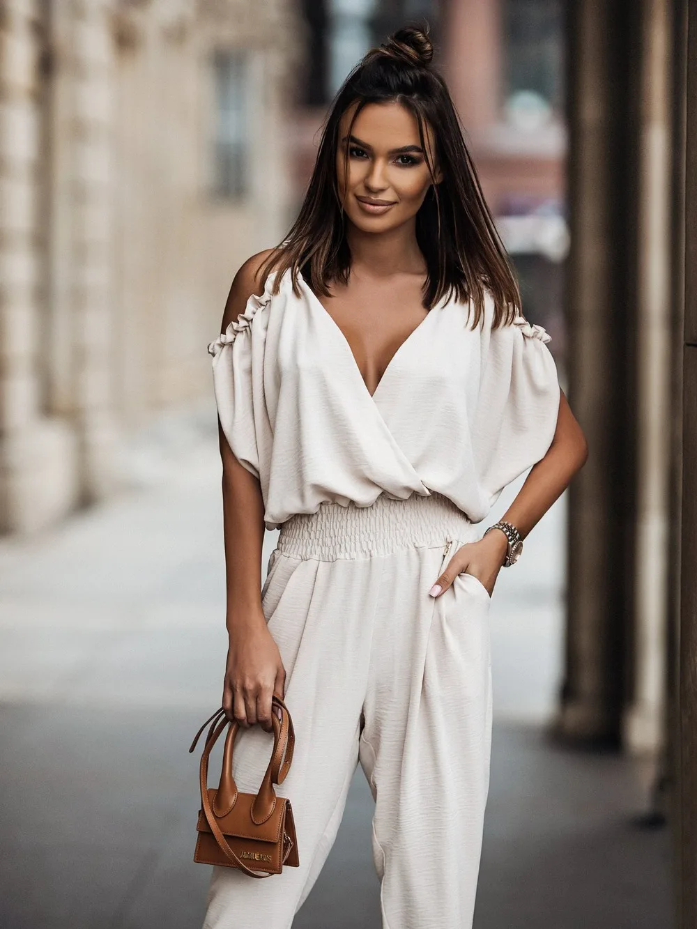 Jumpsuit Women Fashion Overalls 2023 Trousers V-Neck Elastic Waist Pants Off The Shoulder Jump Suits Summer Solid Jumpsuits Traf