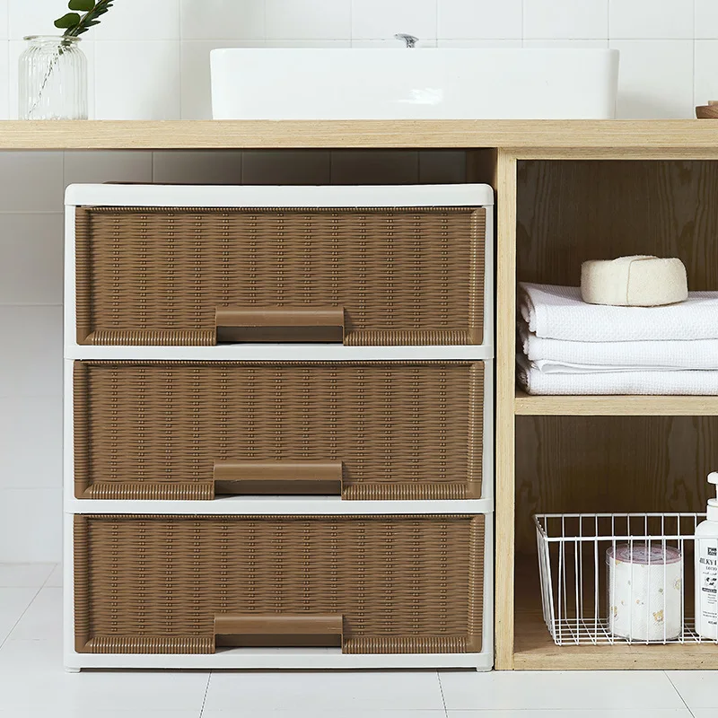 Woven Rattan Storage Cabinet Multi-Layer Drawers Home Organizer for Living Room & Bedroom No-Installation Plastic Cabinet