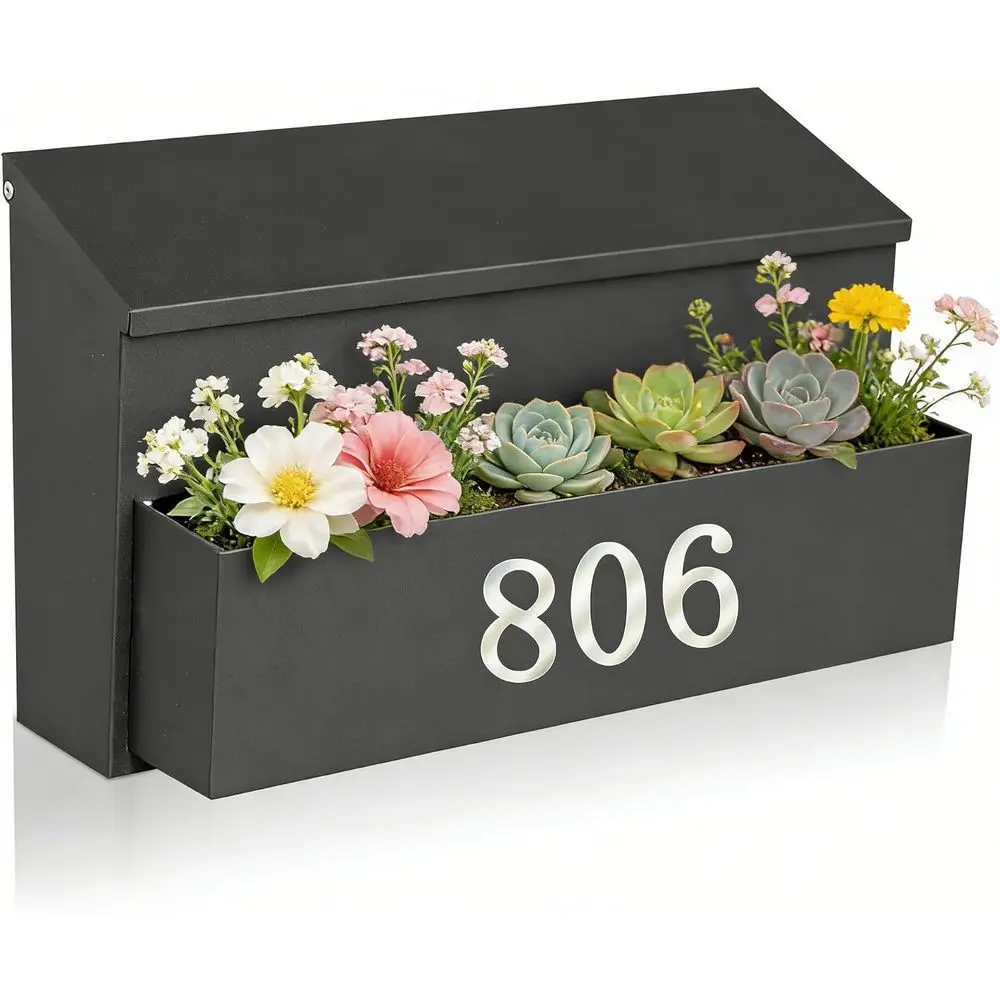 

Уличный почтовый ящик большой вместимости с 3 комплектами наклеек с цифрами от 0 до 9 и кашпо для цветов, из оцинкованной стали, устойчивой к ржавчине, с металлической опорой.