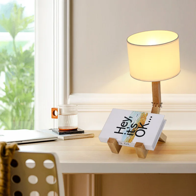 Table Lamp Wooden Robot Shape Creative Indoor Study Fashion Reading Desk Lamp Nordic Bedroom Desktop Decorative Night Light