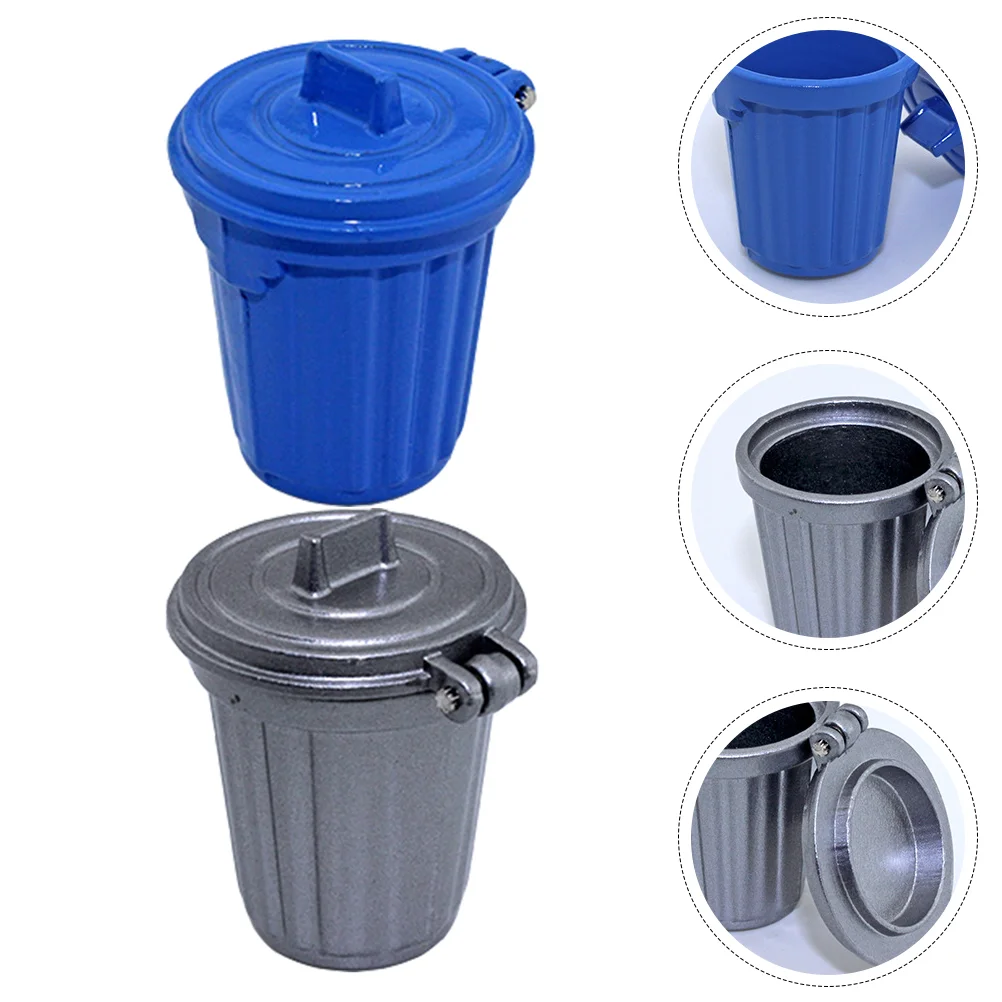 2 Pcs House Trash Can Mini Decoration Garbage Miniature Alloy Ornaments Furniture Model