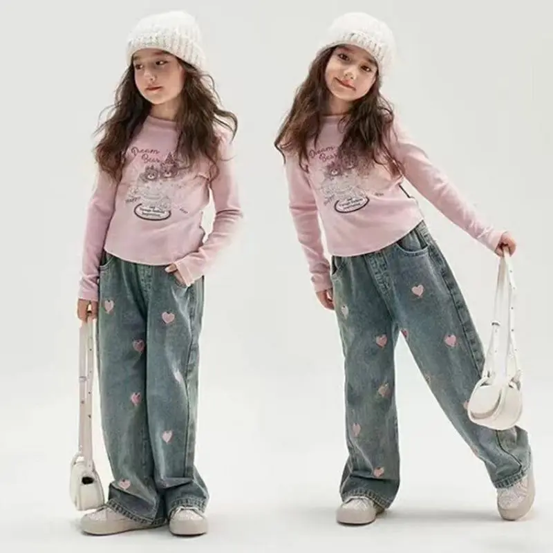 UNITIM 4-14 Jahre Mädchen-Jeans Frühling Rosa Liebes-Print Kinder Baby Mädchen Denim-Hosen Mode Junge Teenager Mädchen Gerade Hose