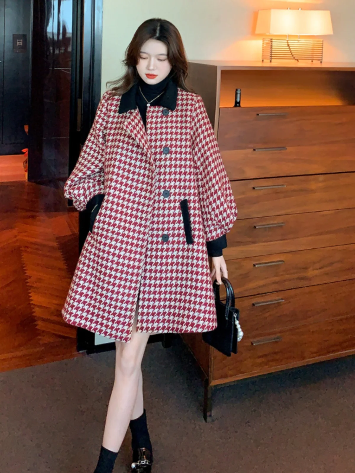 Red Woolen Coat Lady Spring Autumn Winter 2026 New Small Loose Medium Length Tweed Coat Korean Style Long Sleeve  Collar