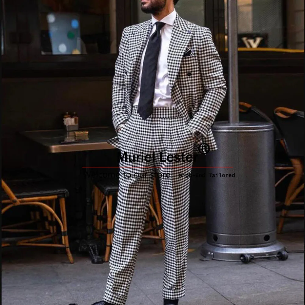 

Classic Business Suits Men Houndstooth Plaid Double Breasted Jacket Pants 2 Pieces Dinner Party Groom Tuxedo Tailored Man Dress