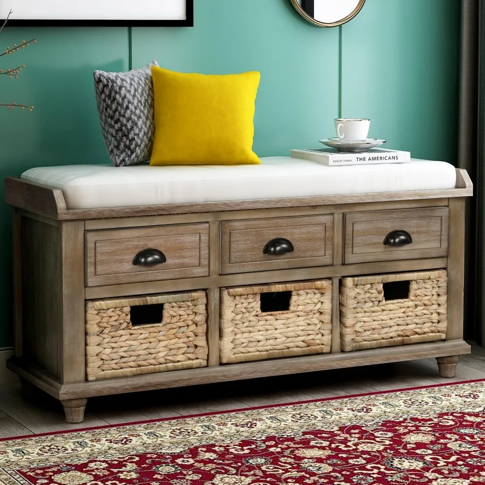 Storage Bench, Rustic Storage Bench,Entryway Storage Bench with 3 Drawers and 3 Rattan Baskets,with Removable Cushion