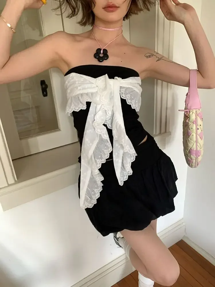 

Sexy Hottie Black Lace Strap Tube Top and Backless Vest for Women, Summer Lace Flower Petal Skirt Two-piece Set