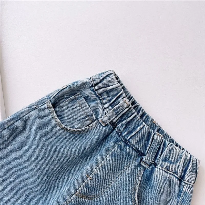 2-7Y Summer Girls Loose Solid Color Jeans Casual Pants Wide Pants Kids Girls Denim Pants