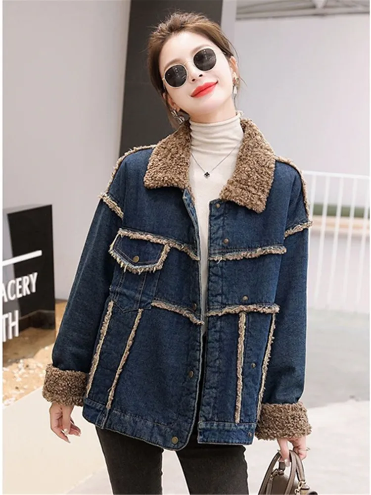 

Plus Size Winter Denim Jacket Women Clothing Korean Fashion Plush Plus Velvet Padded Warm Splice Lambswool Cowboy Outwear Female