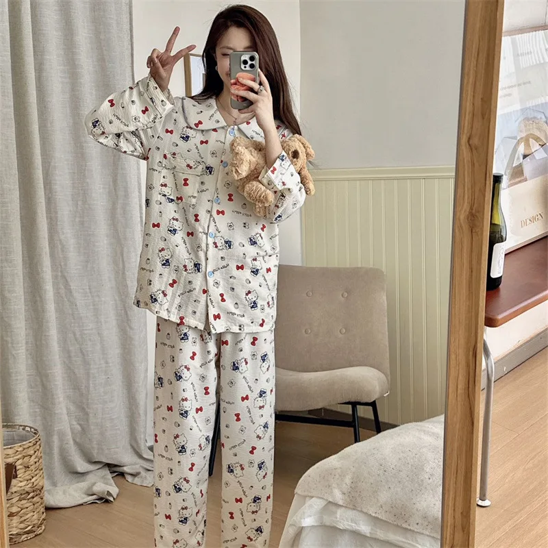 Kawaii Sanrio Hallo Kitty Pyjamas Set Cartoon Cinna moroll Druck lang ärmel ige Strickjacke Stil dünne Polyester süße Hauskleidung