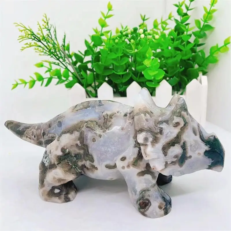 

18CM Natural Crystal Stone Moss Agate Dinosaur Statue Gemstone Carved Healing Fashion Home Room Decor Holiday Gift 1PCS