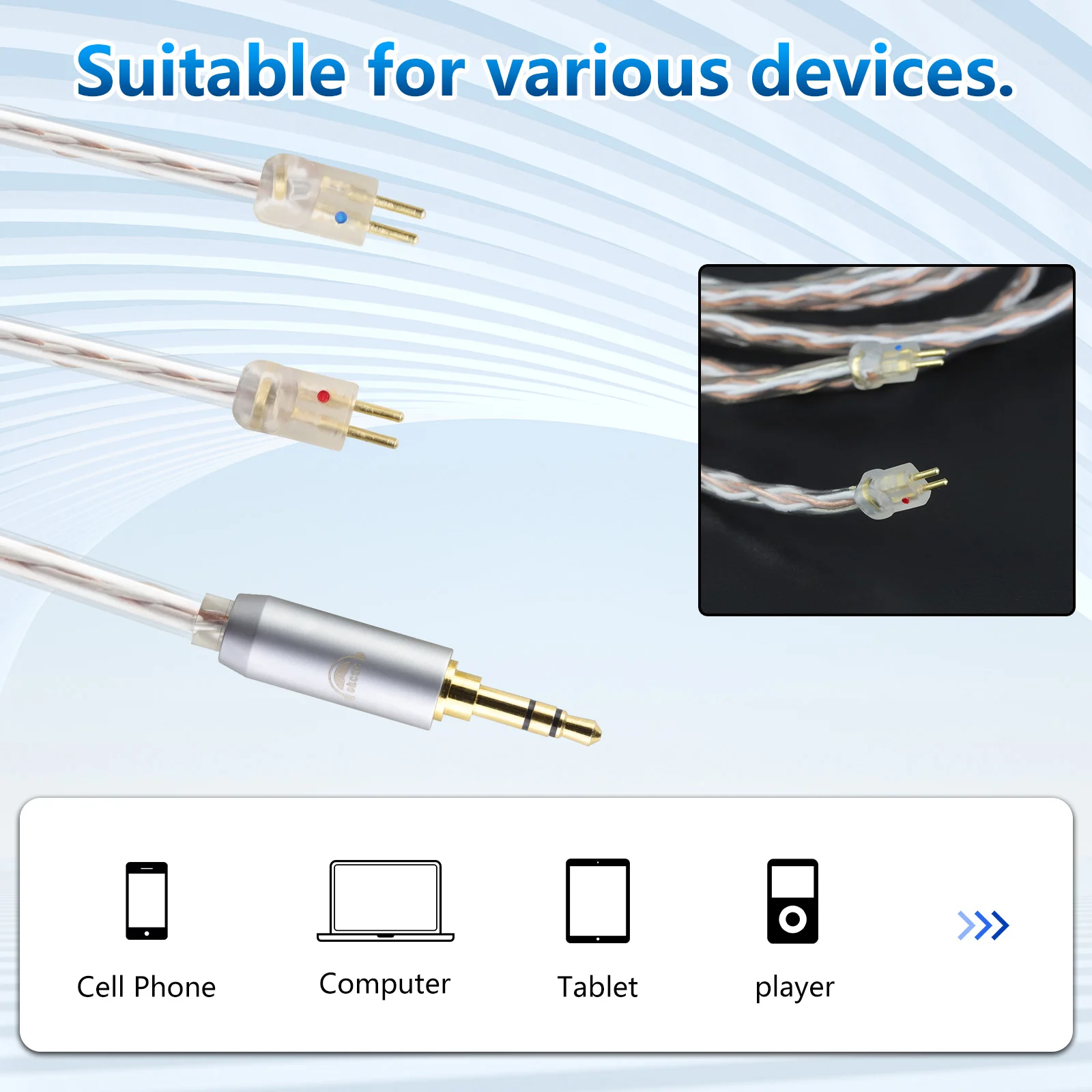 OKCSC 0.78mm 2 PIN Standard Balanced Earphone Cable for UE18 JH13 16 W4r UM3X 1964 ES3 ES4 Audio Cable 2.5/3.5/4.4/Type-c Plug