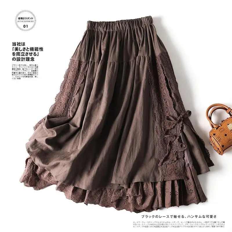 Vintage Chic Embroidery Linen Cotton Long Skirts Women Summer Elastic High Waist Pleated Maxi Skirt Female Elegant A-Line Skirt