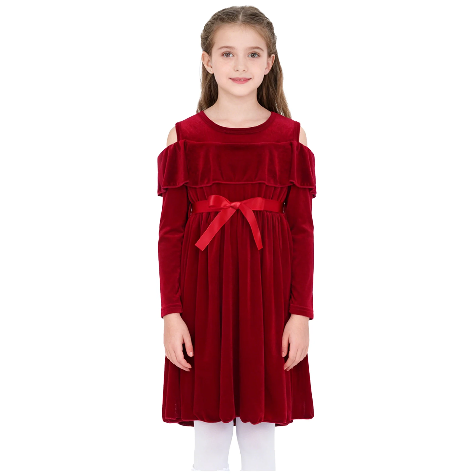 

Kids Girls Christmas Dress Velvet Cold Shoulder Long Sleeves Elastic Waist Ruffles Dress with Ribbon Belt for Birthday Party