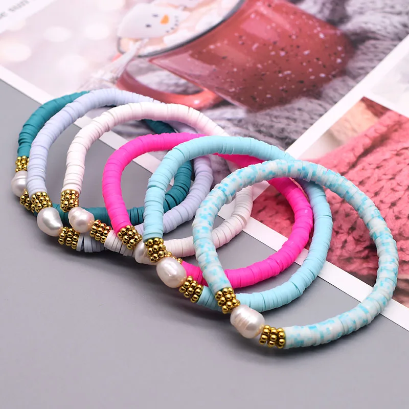 Boho Pearl Charm Bracelets Polymer Clay Disc 6mm Beaded Bracelet For Female Summer Beach Bracelets Women 2022 Fashion Jewelry