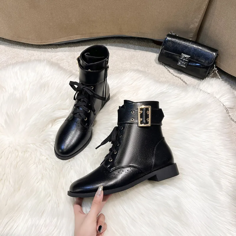 New Thick Heel Lace up Belt Buckle Short Boots for Women