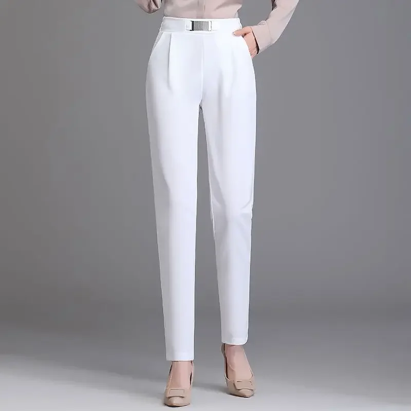 

Women's Spring Autumn Solid High Waist Elastic Sequined Straight Loose Casual Commute Minimalist Pockets Suit Pencil Pants Z53