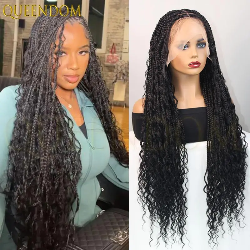 Wig Sintetis Kepang Kotak Boho, Wig Keriting dengan Lace Front 13x6 untuk Wanita Kulit Hitam, Rambut Kepang Bohemian Goddess Locs