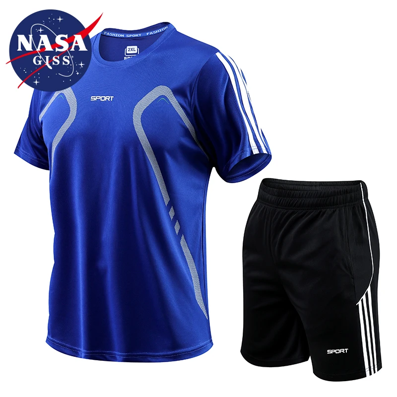 NASA GISS Sports Set Men\'s Summer Fitness Short sleeved T-shirt Men\'s Quick Drying Clothes Running Loose Casual Sportswear Large