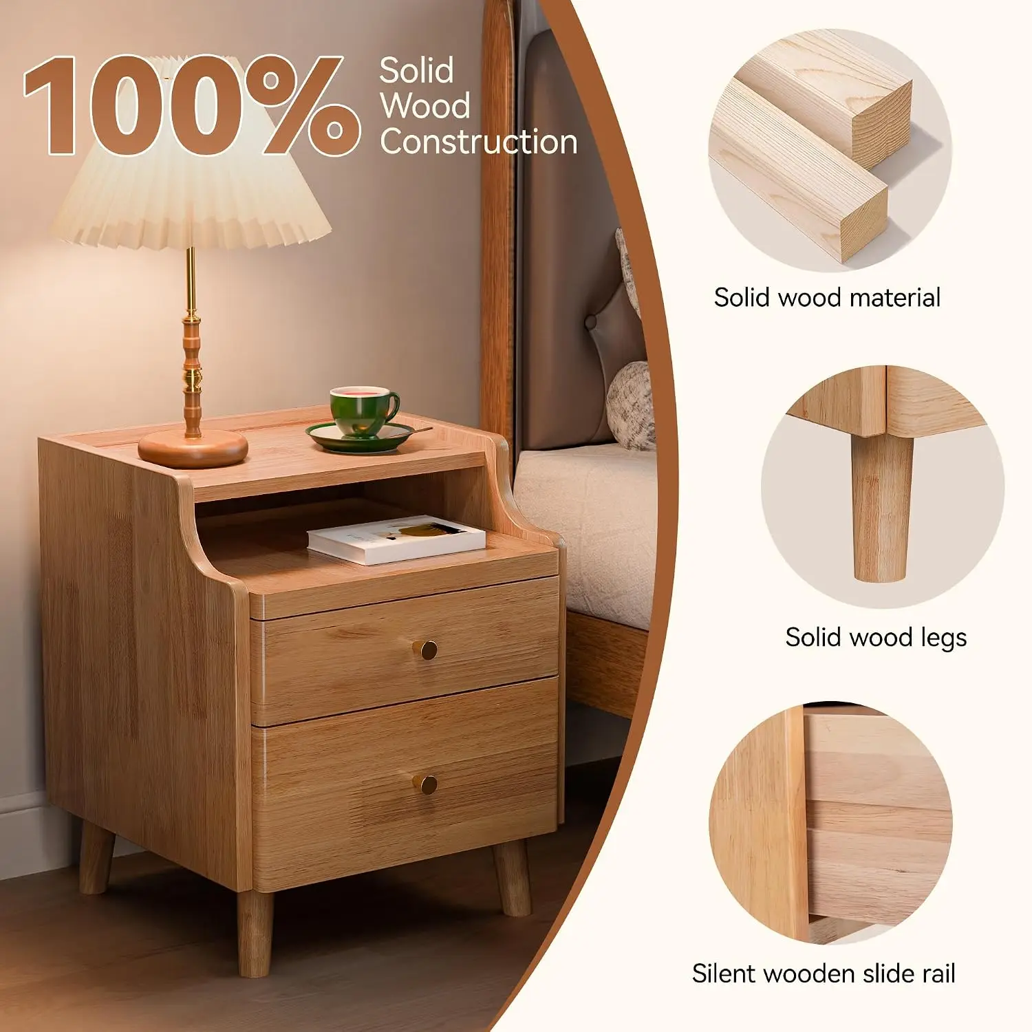 Nightstand Set of 2, Pre-Assembled, 19.7“H Solid Wood Night Stand with 2 Drawers, Open Sliding Shelf, Mid Century, Customized