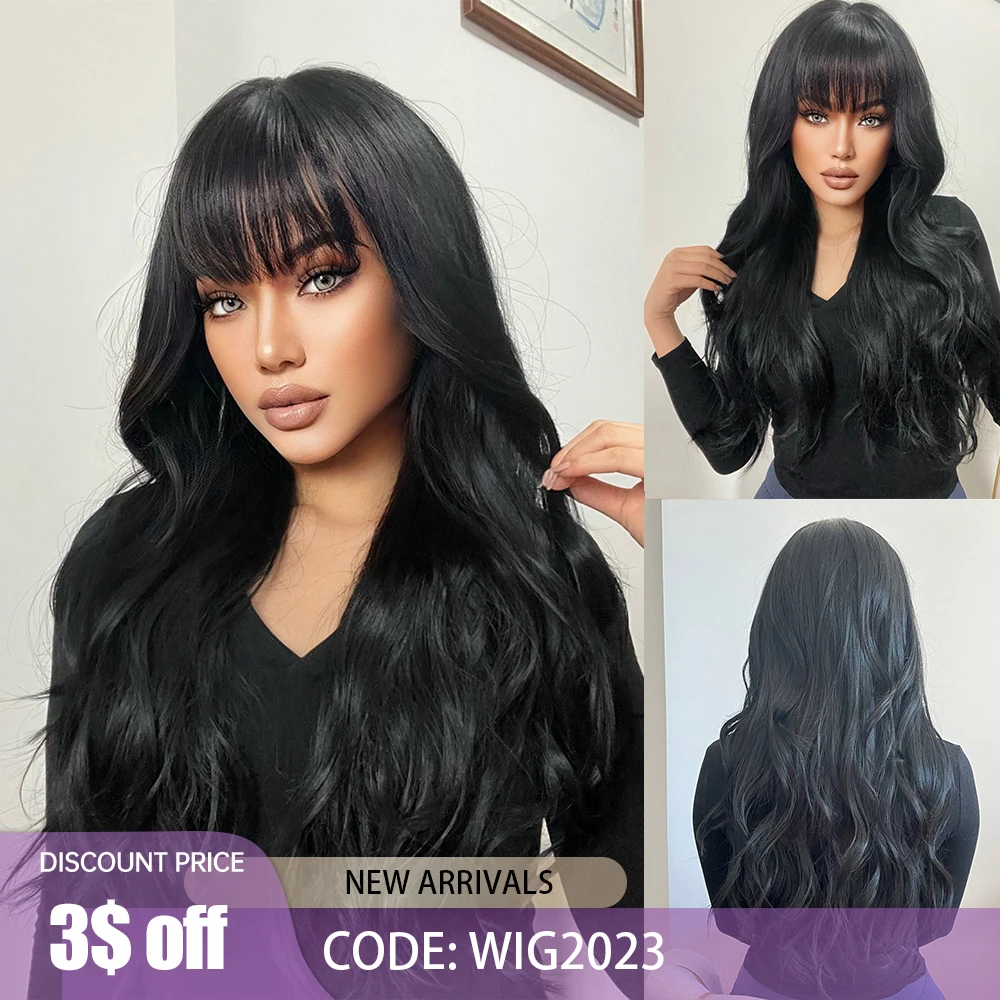 

Long Body Wave Synthetic Wigs with Bangs Black Natural Loose Curly Wavy Wig for White Women Heat Resistant Daily Cosplay Party