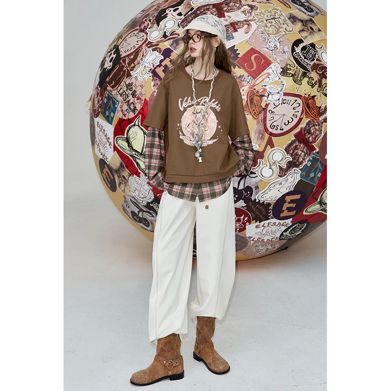 ELFSACK 2025 Autumn New Arrival Steatwear Graphic Checkered Patchwork Sweatshirt For Woman