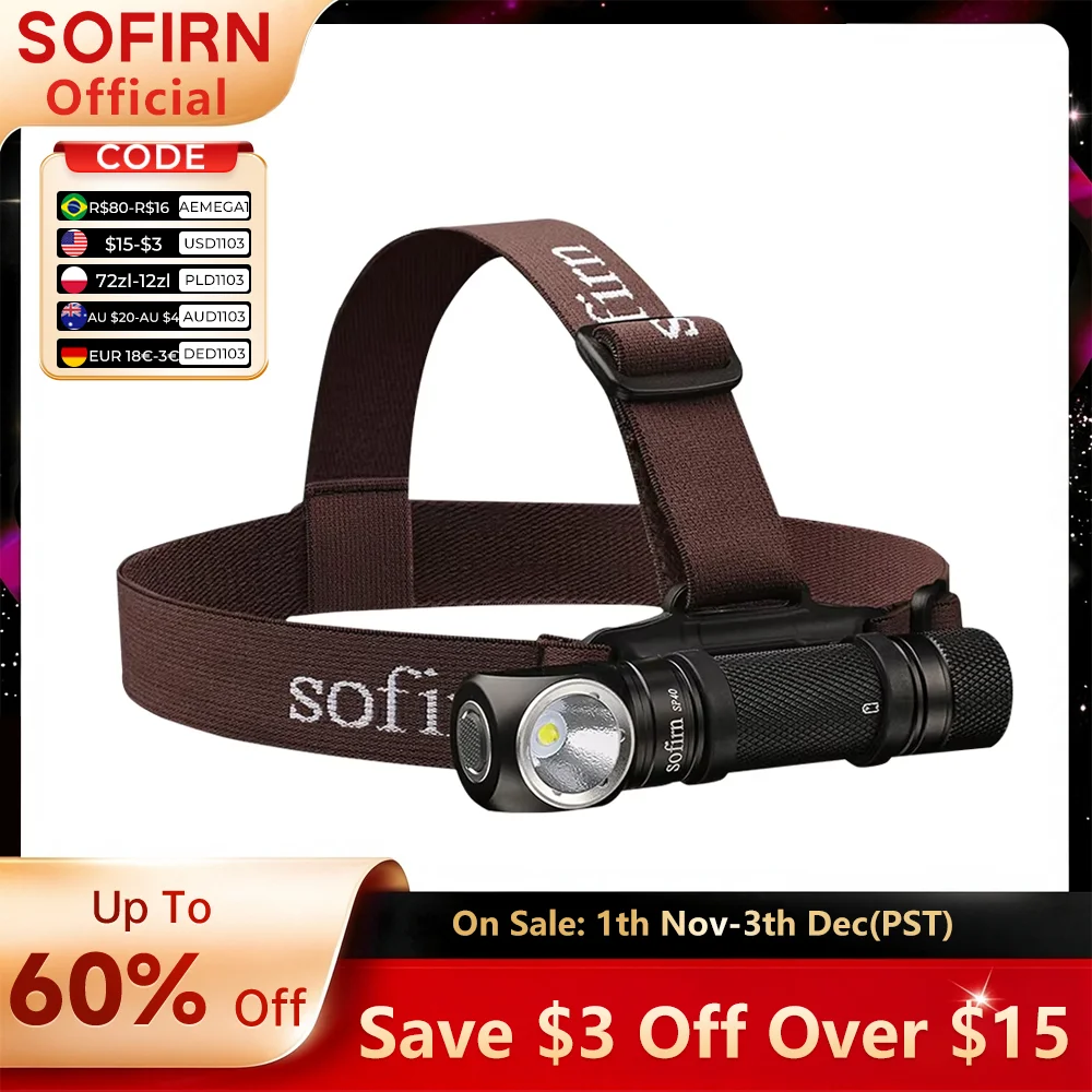 Sofirn SP40 LED Headlamp XPL 1200lm 18650 Type C Rechargeable Headlight 18350 Flashlight with Power Indicator Magnet Tail