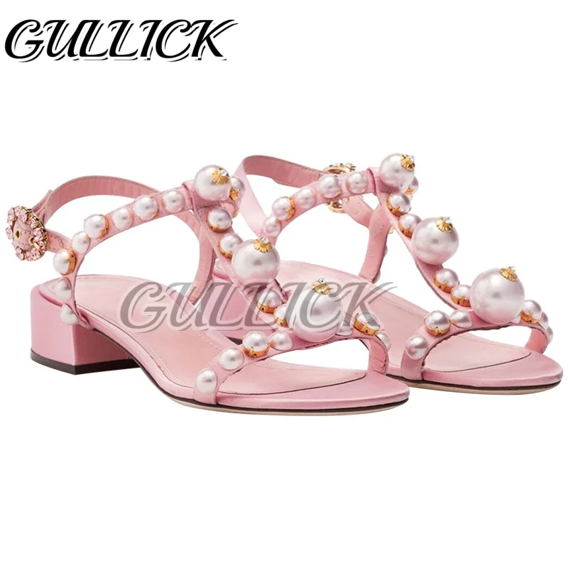 Cherry Red Pearl Heeled Sandals T-Strap Gladiator Heels Square Heel Women Luxury Designer Shoes Summer Vacation Bohemia Style
