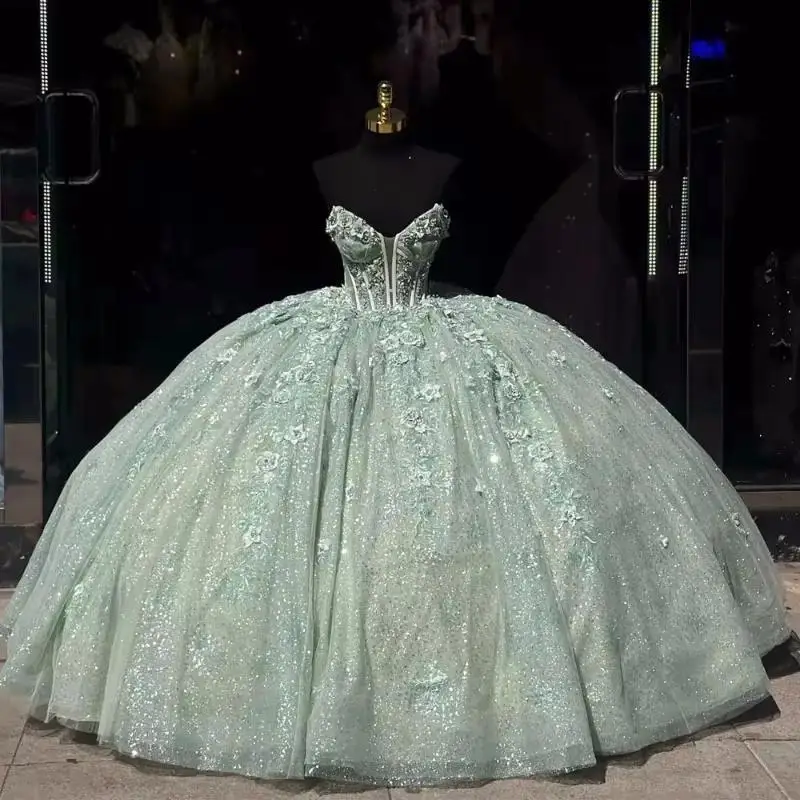 Customized Shinning Mint Green Quinceanera Dresses Sexy Strap Birthday Party Ball Gowns Tull Princess vestidos de 15 quinceañera