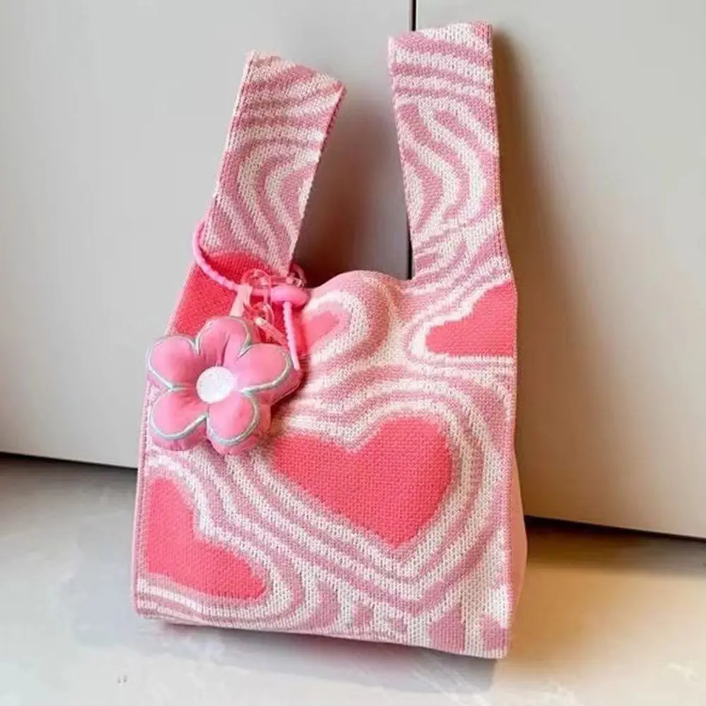 Schattige Schoudertas Mode Handheld Geweven Hobo Tassen Roze Love Heart Kawaii 'S Handheld Geweven Tas Vrouwen Meisjes