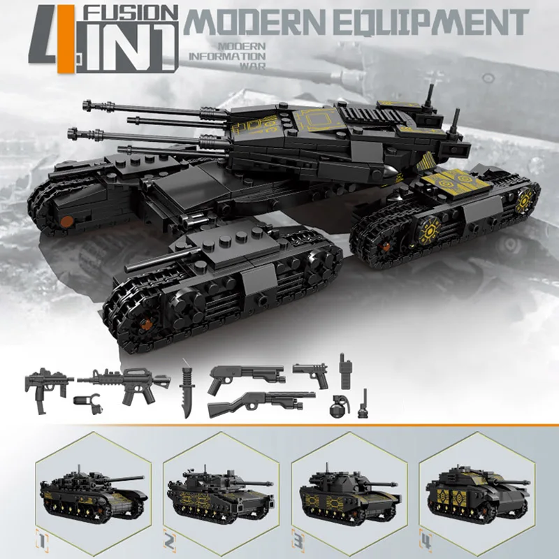 Military MOC 4 IN 1 M1A2 Main Battle Tank Model Building Blocks 1134pcs DIY Challenger Tank Bricks Toys For Children Gifts