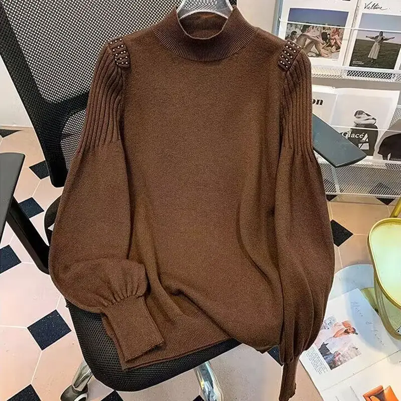 Melad Coffee Colored Knitted Sweater Women's Plus Size Fat Mm Slimming Half High Collar Base Shirt Lantern Sleeve Top