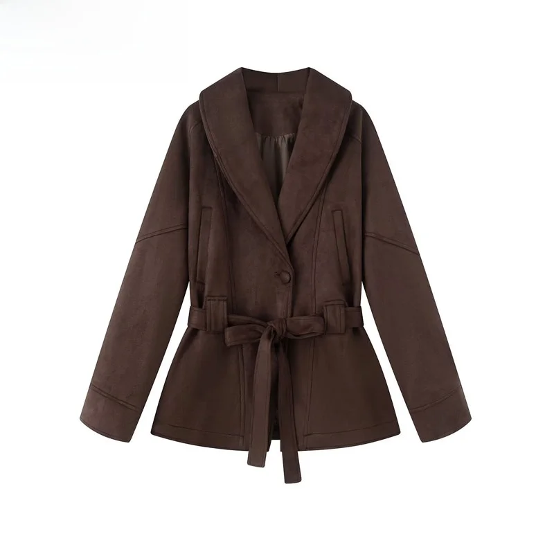 

Новое осеннее женское пальто Jaet 2025 Sle из искусственного бархата с отложным воротником и поясом, верхняя одежда из полиэфирного волокна