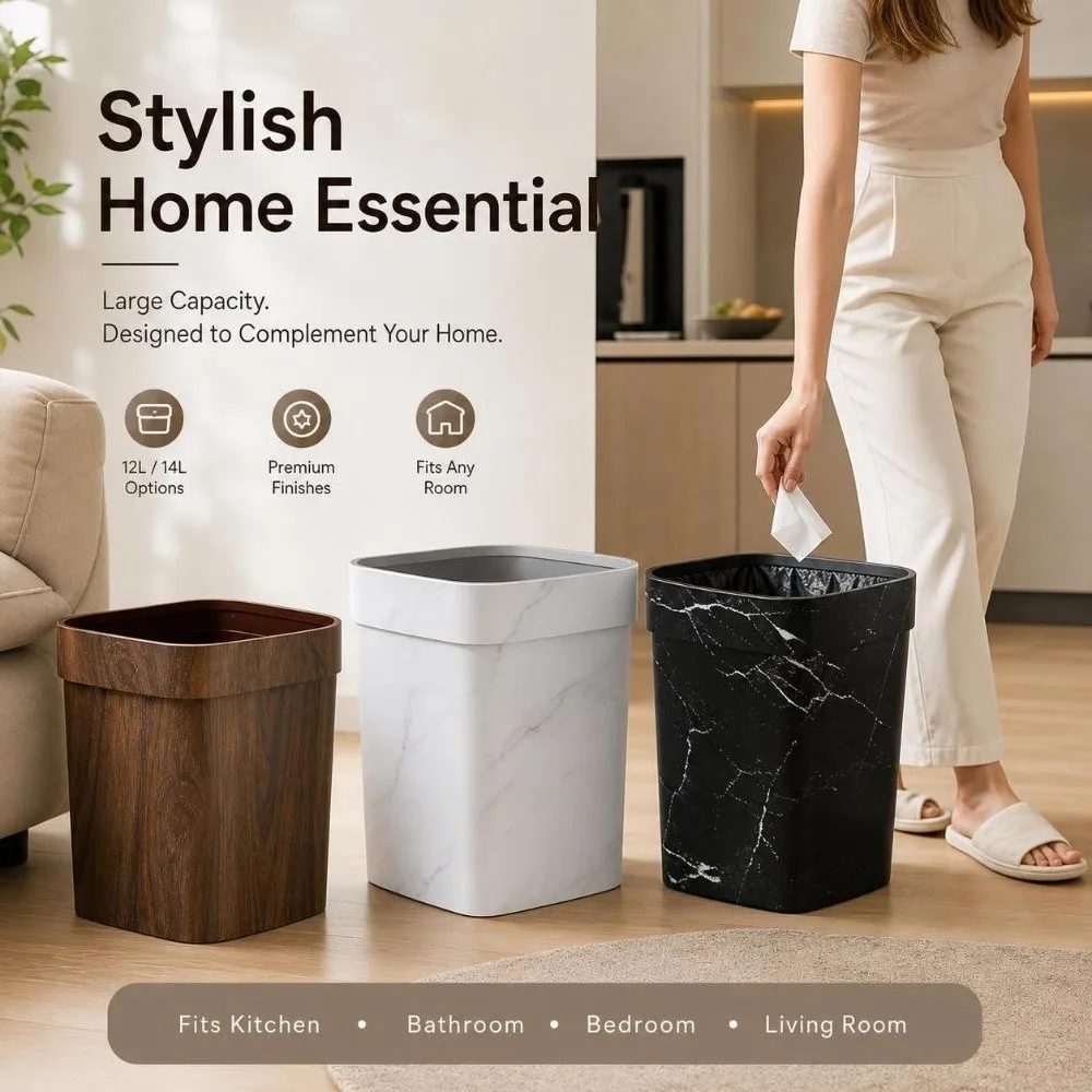 12/14L Uncovered Trash Can Marble Pattern Plastic Garbage Container Bin Rectangle Wood Grain Living Room Dustbin Bathroom