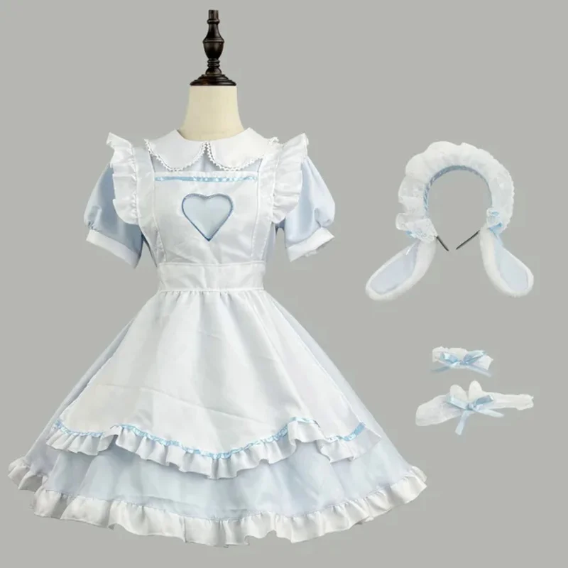 Vestido de sirvienta Lolita con corazón para mujer, traje de mucama de amor para camarero, disfraces de escenario de fiesta, azul, lindo, S -5XL, nuevo